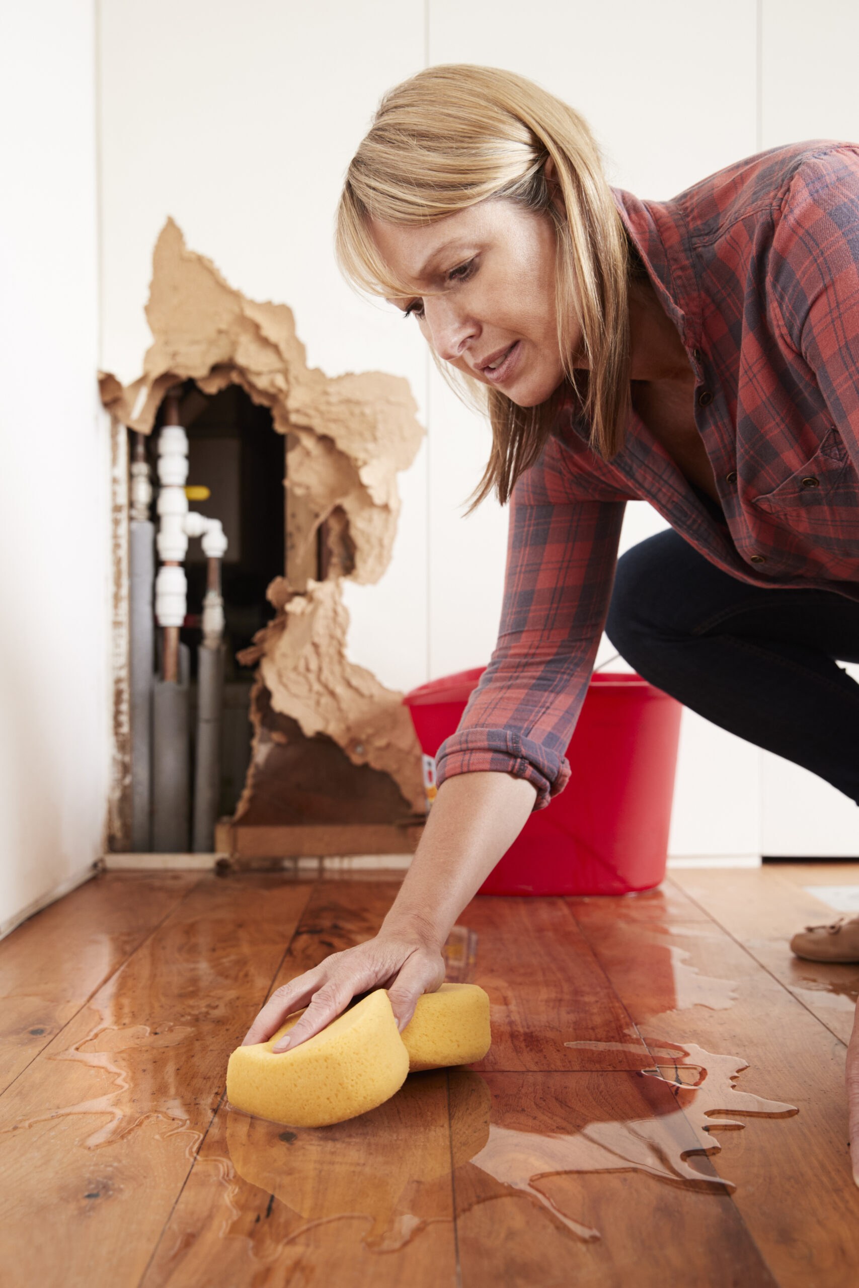 Worried woman mopping up water from a burst pipe with sponge.