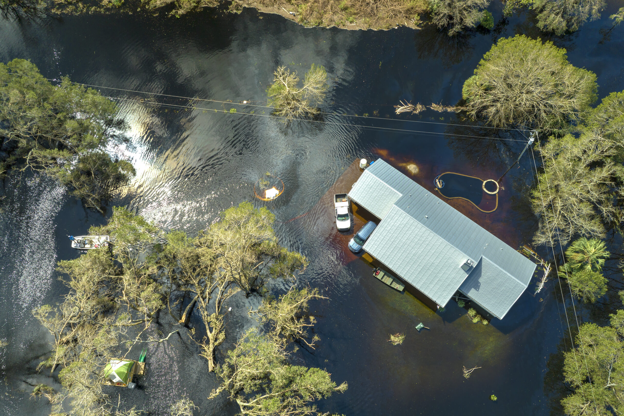 Flooded houses by hurricane rainfall in a residential area.