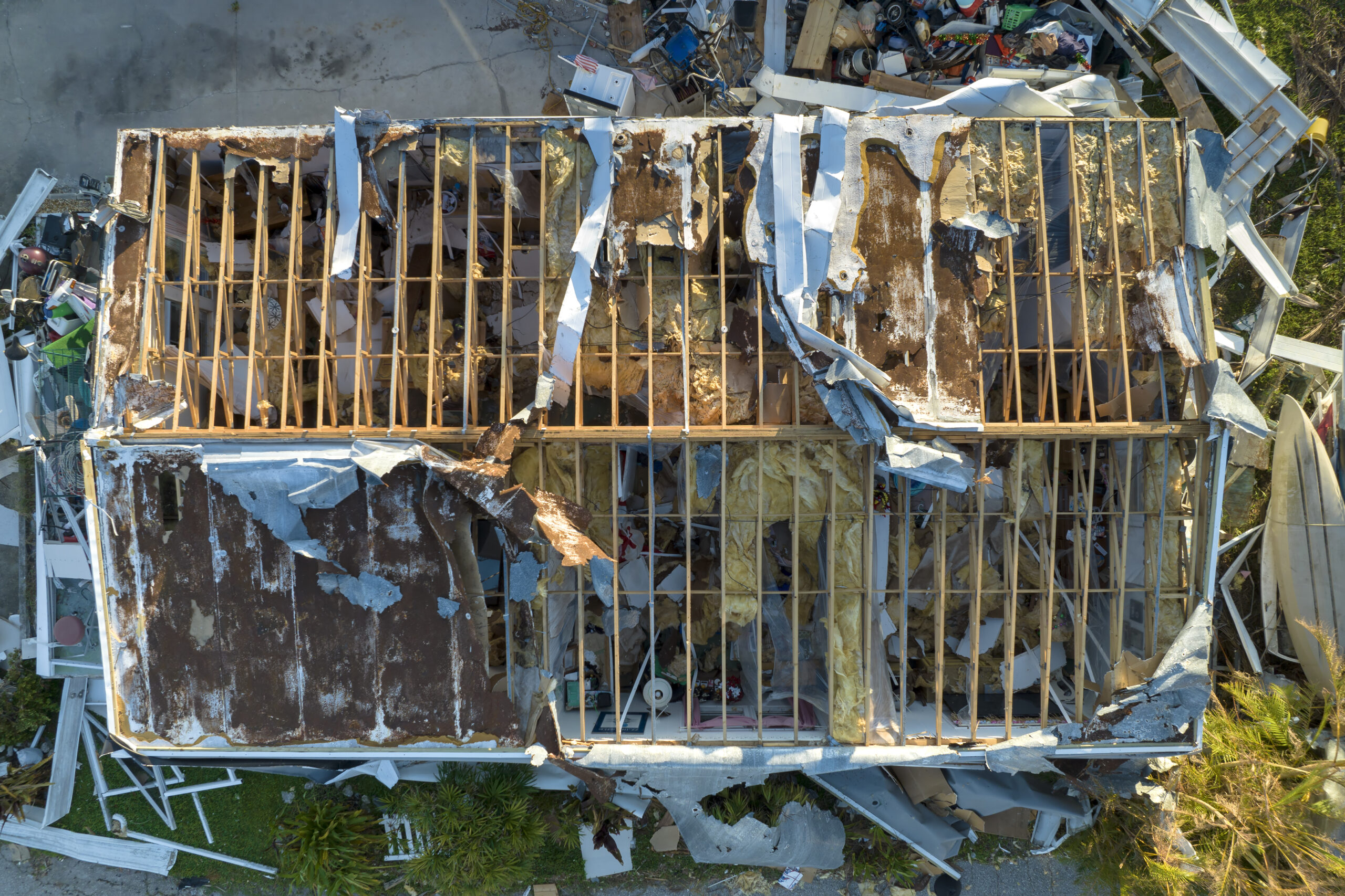 Severely damaged house after hurricane.