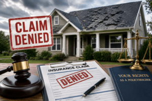 Denied insurance claim paperwork with legal gavel in front of a storm-damaged home