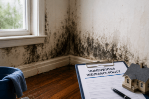 Mold damage on interior wall with homeowners insurance policy paperwork