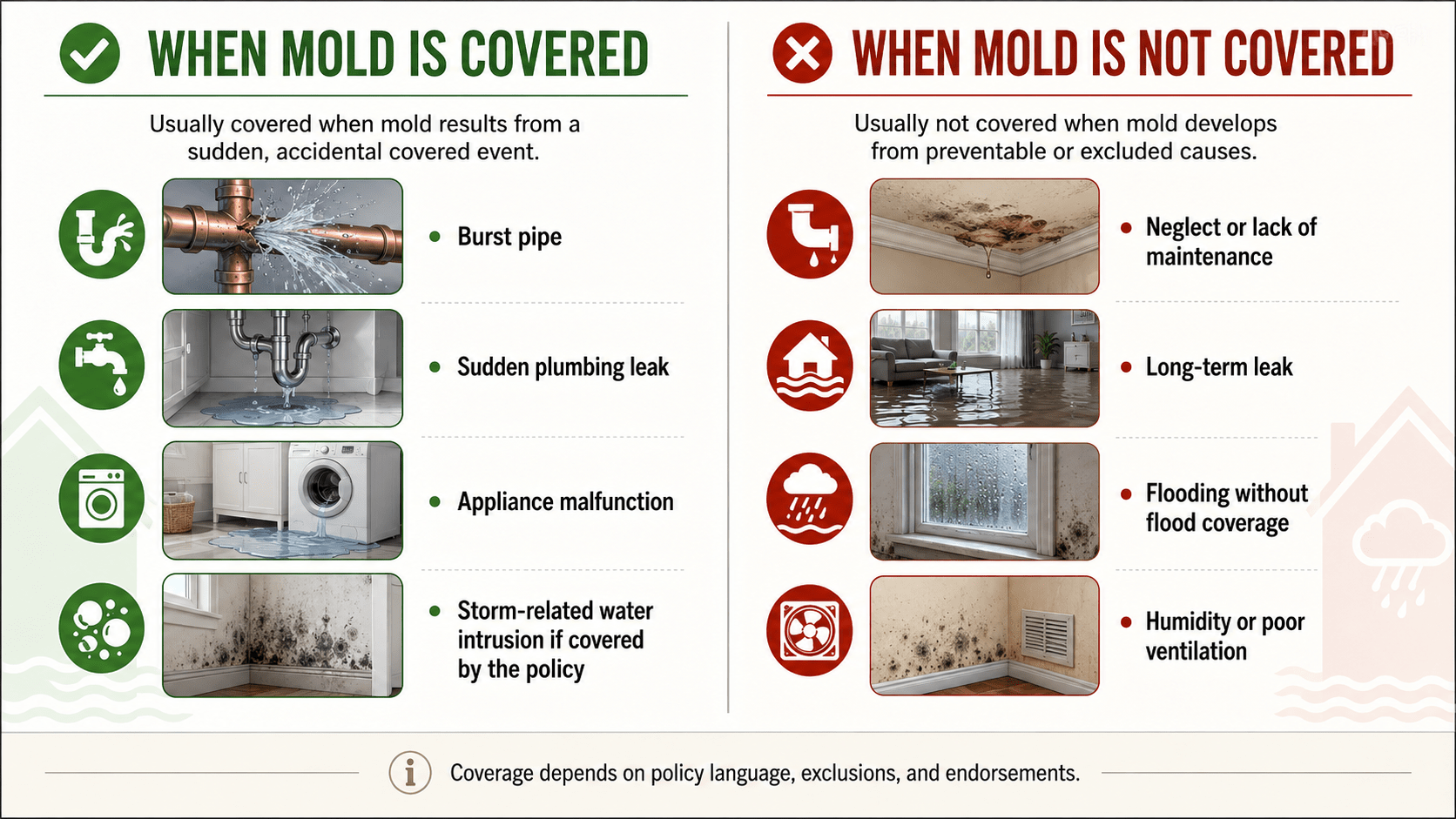 Comparison graphic showing when mold is covered and not covered by homeowners insurance