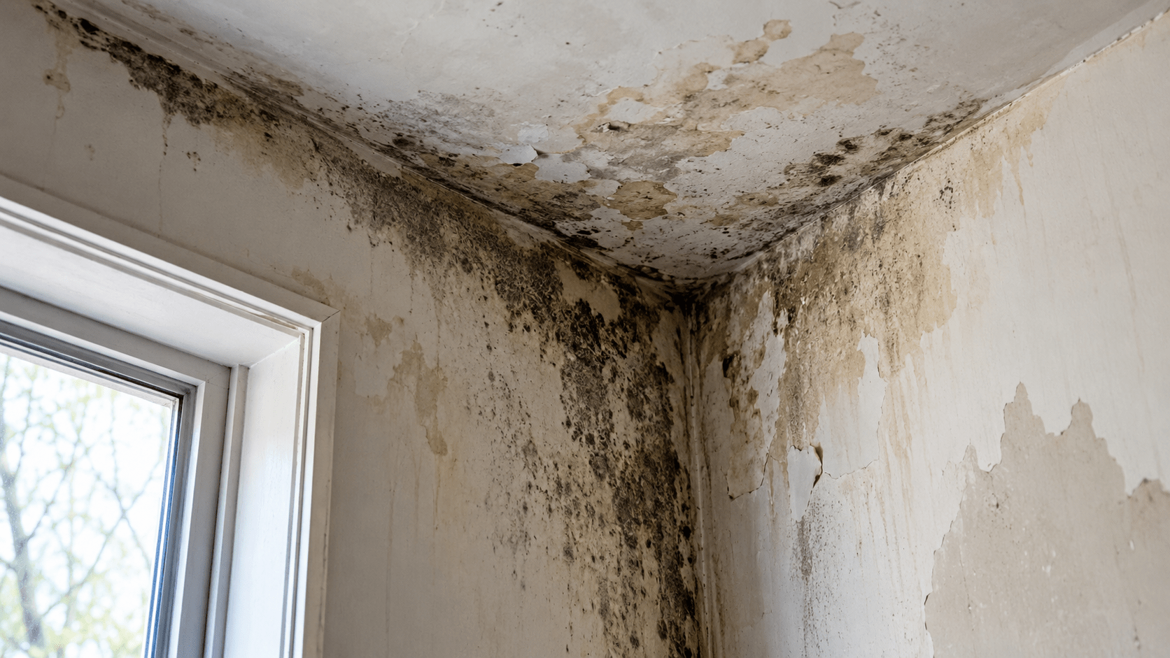 Mold growth on interior wall and ceiling caused by water damage