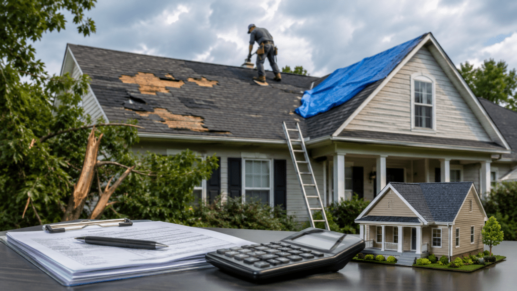A realistic roof damage scene showing a contractor inspecting a damaged roof with a tarp, insurance paperwork, a calculator, and a home model in the foreground.