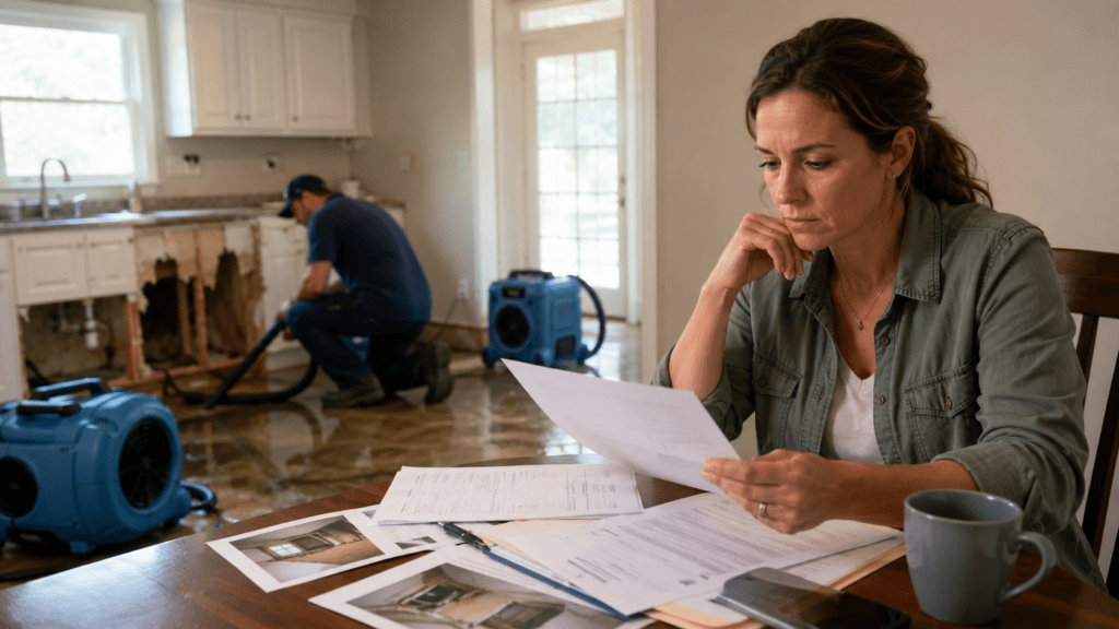 A realistic home interior scene showing a homeowner reviewing insurance paperwork and damage photos while a restoration worker cleans up water damage in the kitchen.