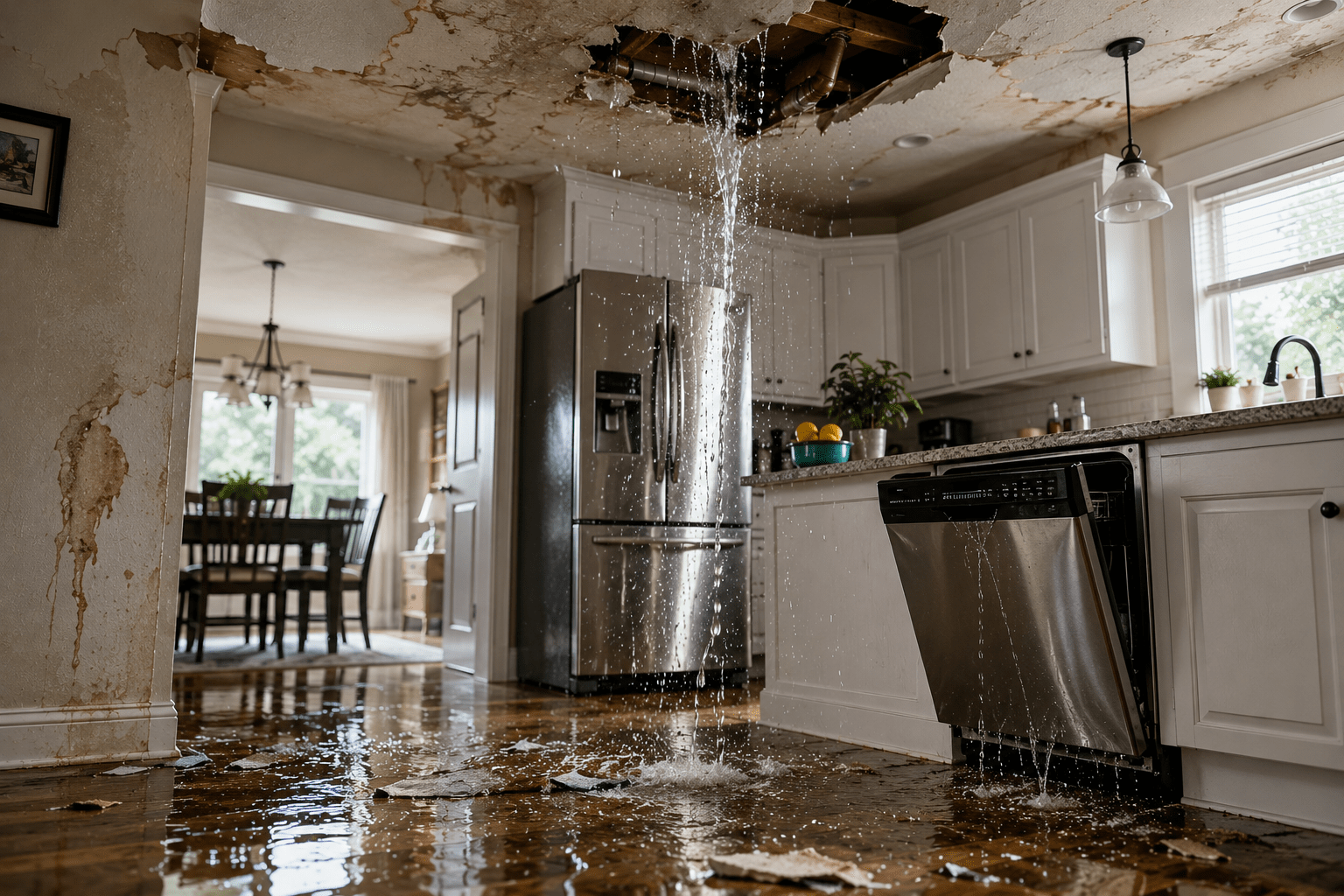 Water-damaged kitchen with ceiling leak