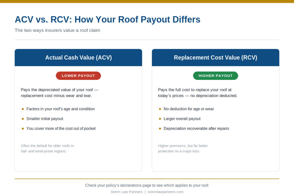 ACV vs RCV comparison: actual cash value pays the depreciated, lower amount while replacement cost value pays the full replacement, higher amount