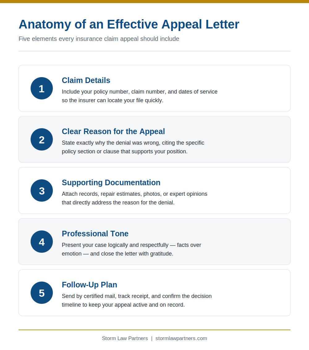 : Infographic showing the five parts of an effective insurance claim appeal letter