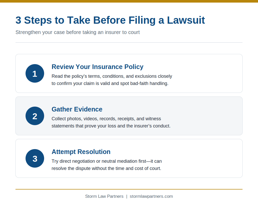 Three steps to take before filing a lawsuit against an insurance company: review your policy, gather evidence, attempt resolution