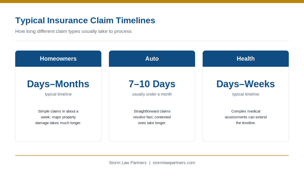 Typical insurance claim timelines: homeowners days to months, auto 7 to 10 days, health days to weeks