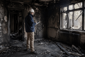 nspector examining fire and smoke damage inside a burned home
