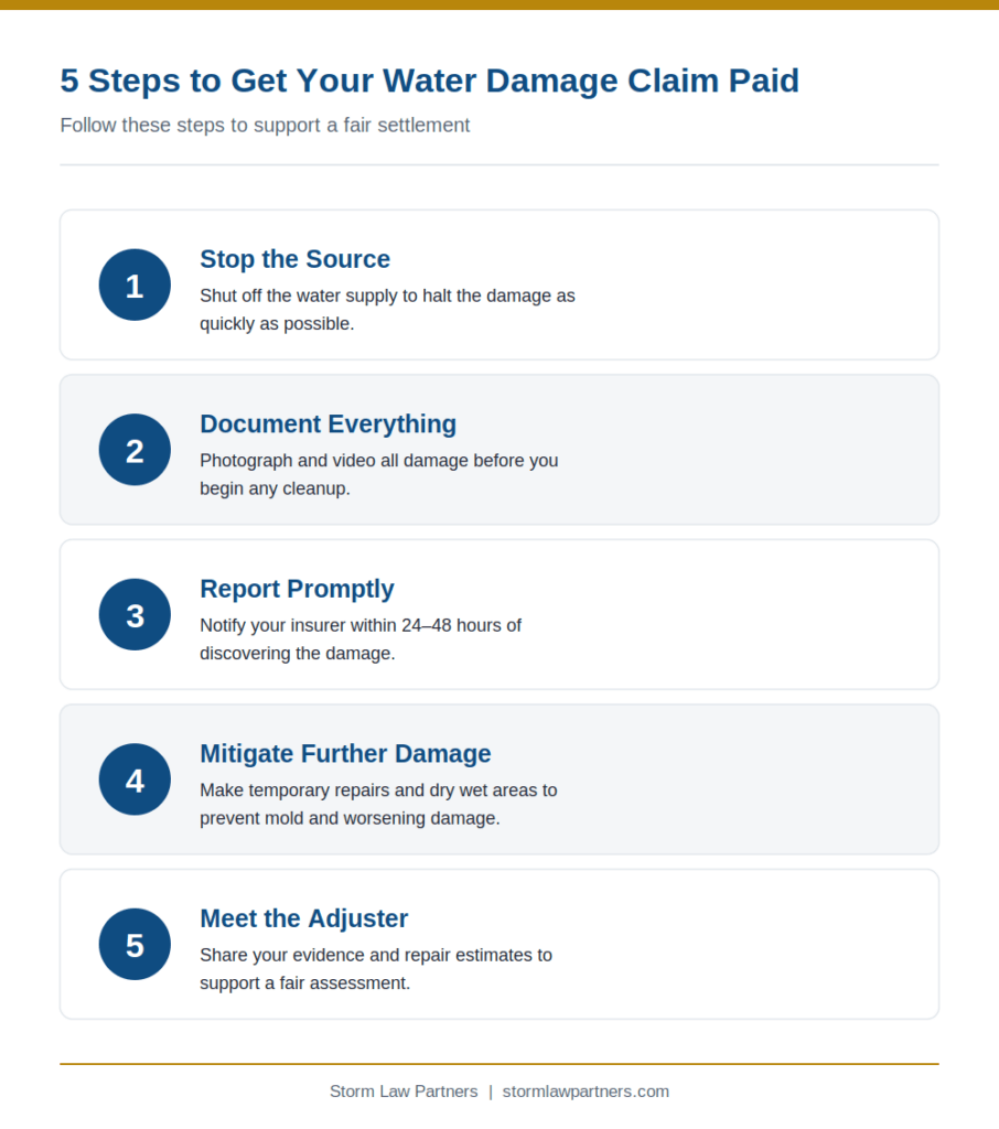 Five steps to get your water damage claim paid: stop the source, document everything, report promptly, mitigate further damage, meet the adjuster