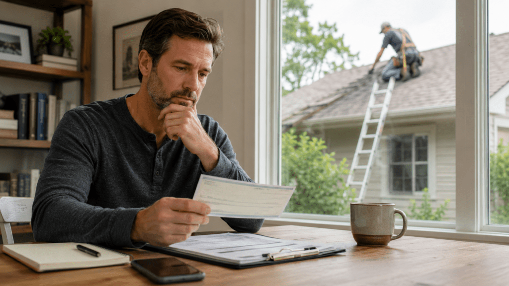 Homeowner reviewing an insurance check and roof repair paperwork while a contractor works on the roof outside.