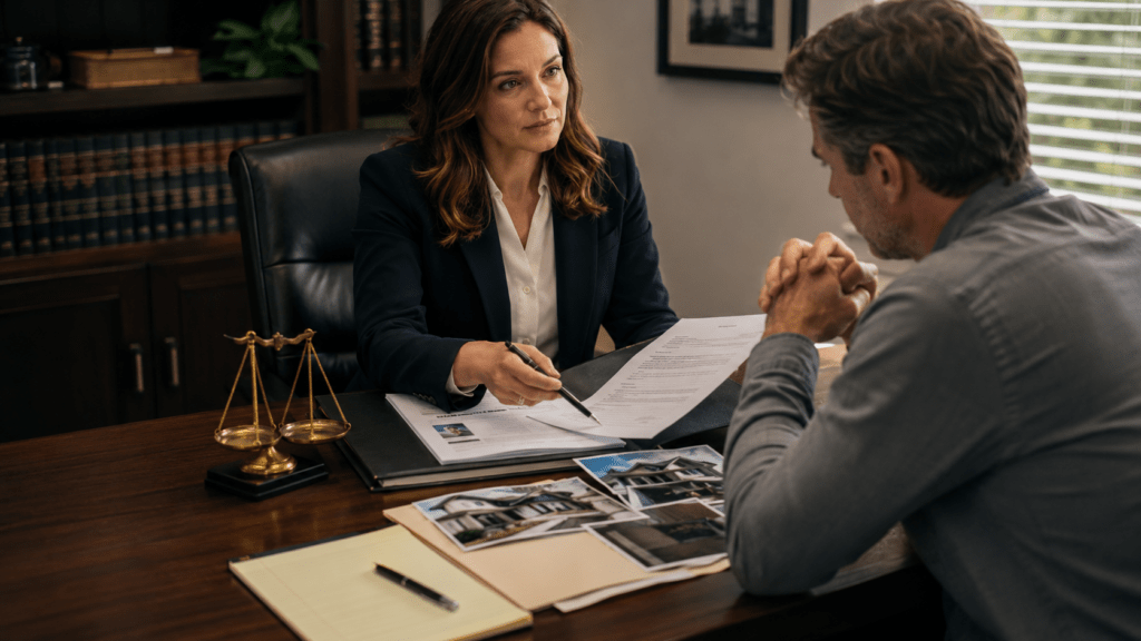 Attorney explaining a denied insurance claim to a homeowner during a bad faith insurance consultation.