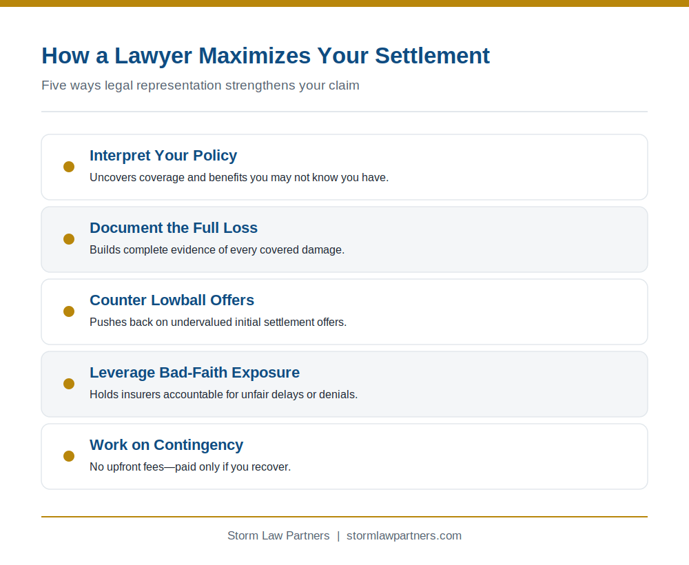 How a lawyer maximizes your settlement: interpret your policy, document the full loss, counter lowball offers, leverage bad-faith exposure, and work on contingency