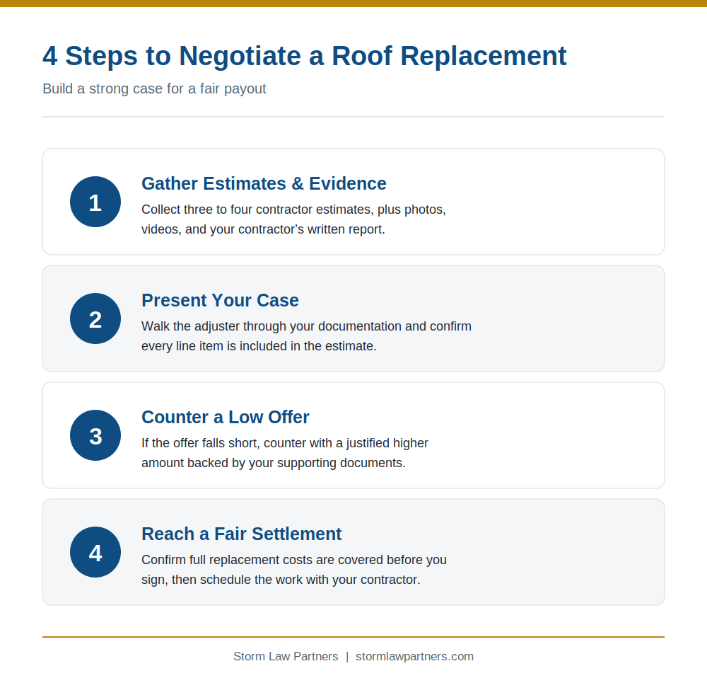 our steps to negotiate a roof replacement: gather estimates and evidence, present your case, counter a low offer, reach a fair settlement