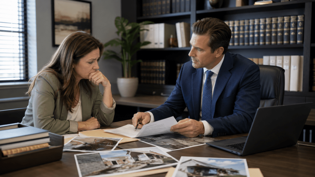  Insurance litigation attorney meeting with a client about a denied claim