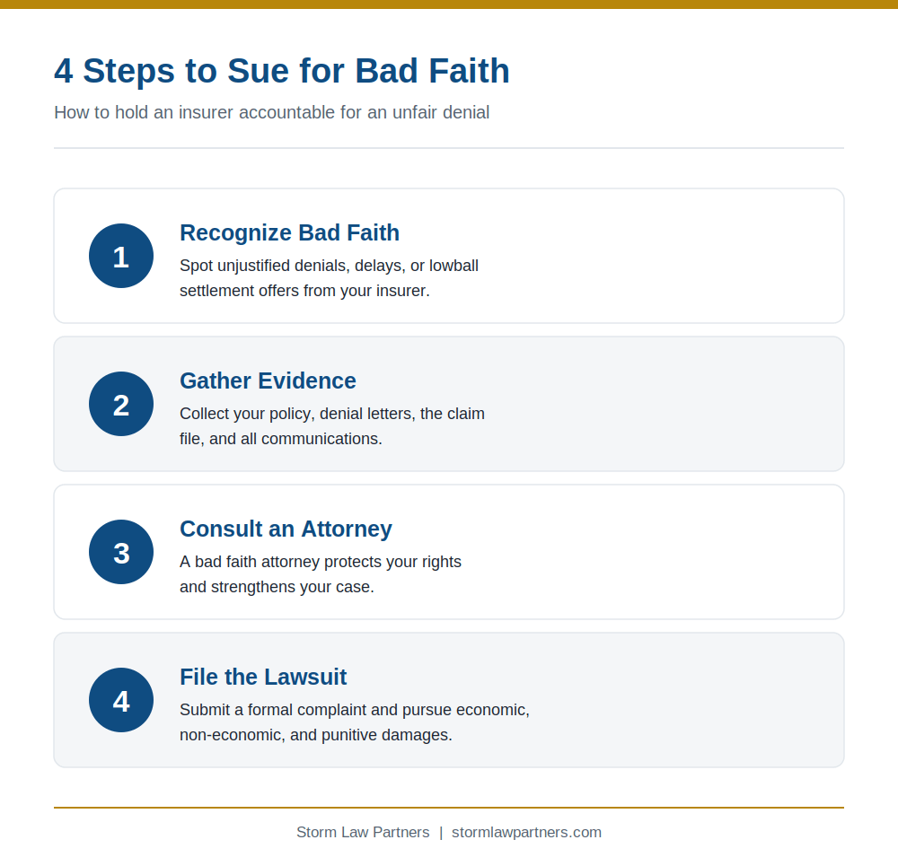 Four steps to sue for bad faith: recognize bad faith, gather evidence, consult an attorney, file the lawsuit