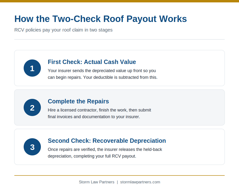 How the two-check roof payout works: first check is the actual cash value to start repairs, then a second check for recoverable depreciation after repairs are complete