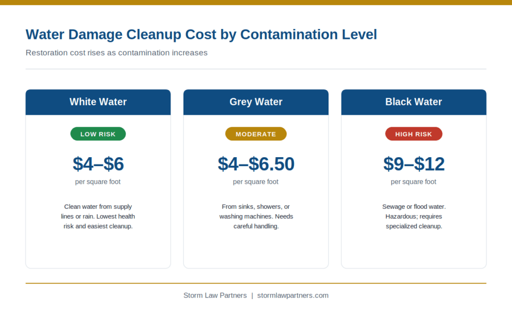 Water-damaged home interior with insurance claim form, calculator, and payout details for water damage claims.