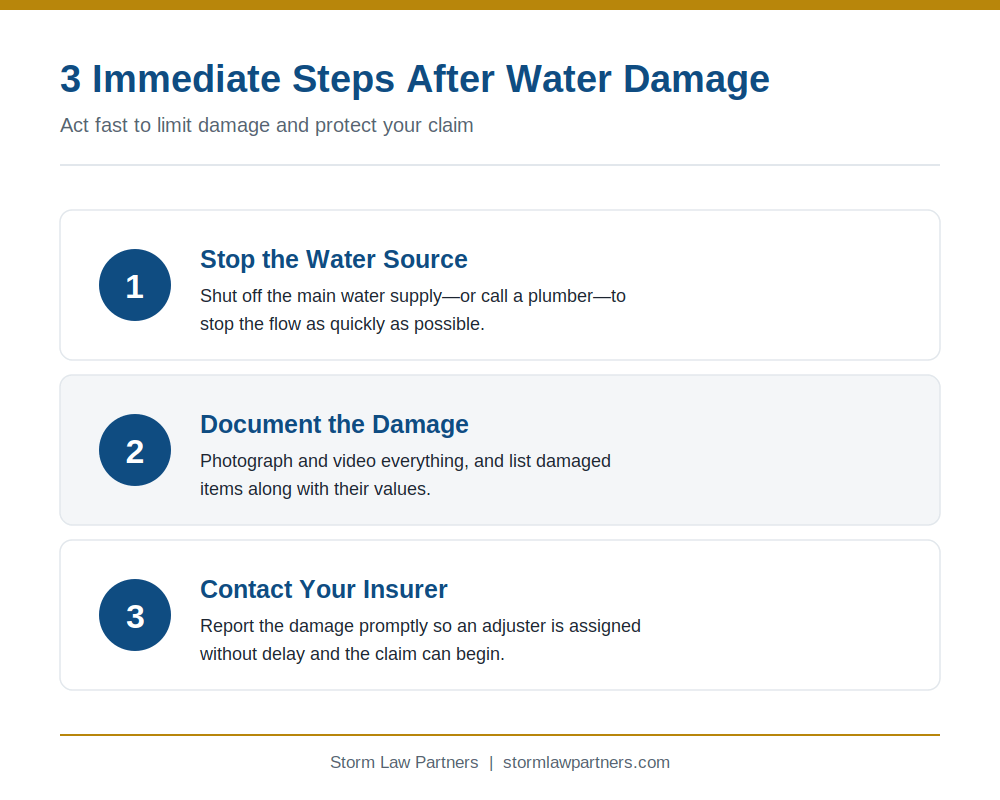 Three immediate steps after water damage: stop the water source, document the damage, contact your insurer